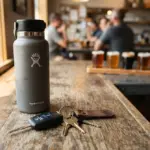 A designated driver's car keys and a large water bottle sit on a rustic wooden counter