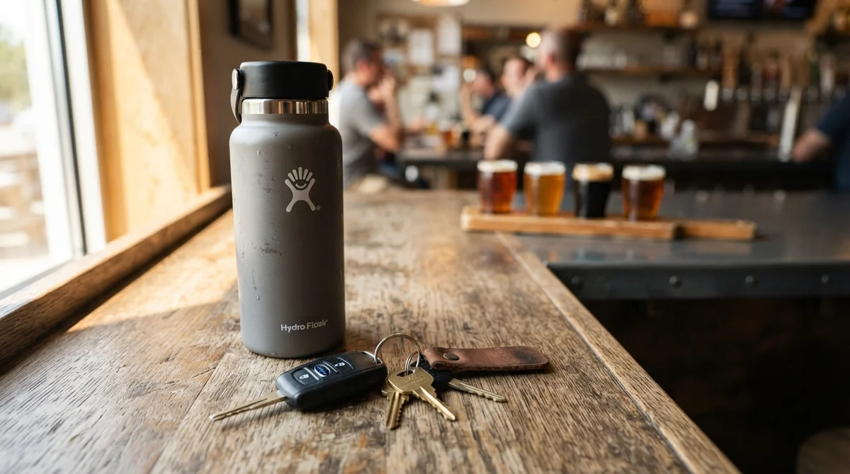 A designated driver's car keys and a large water bottle sit on a rustic wooden counter