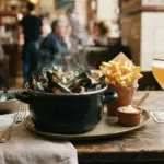 A steaming, generously portioned bowl of classic Belgian moules-frites with a small glass of artisanal Belgian beer on a