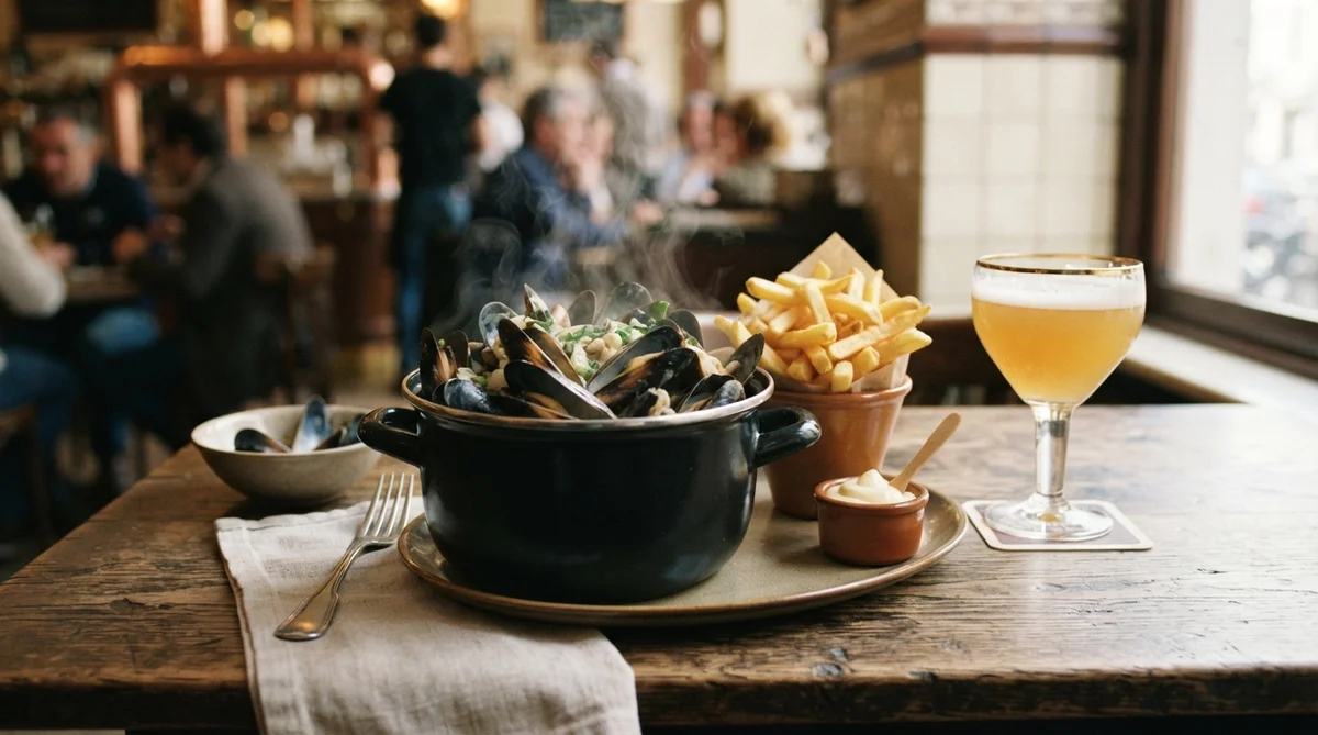 A steaming, generously portioned bowl of classic Belgian moules-frites with a small glass of artisanal Belgian beer on a