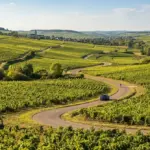 A winding country road meanders through rolling hills covered in lush, sun-drenched Champagne vineyards