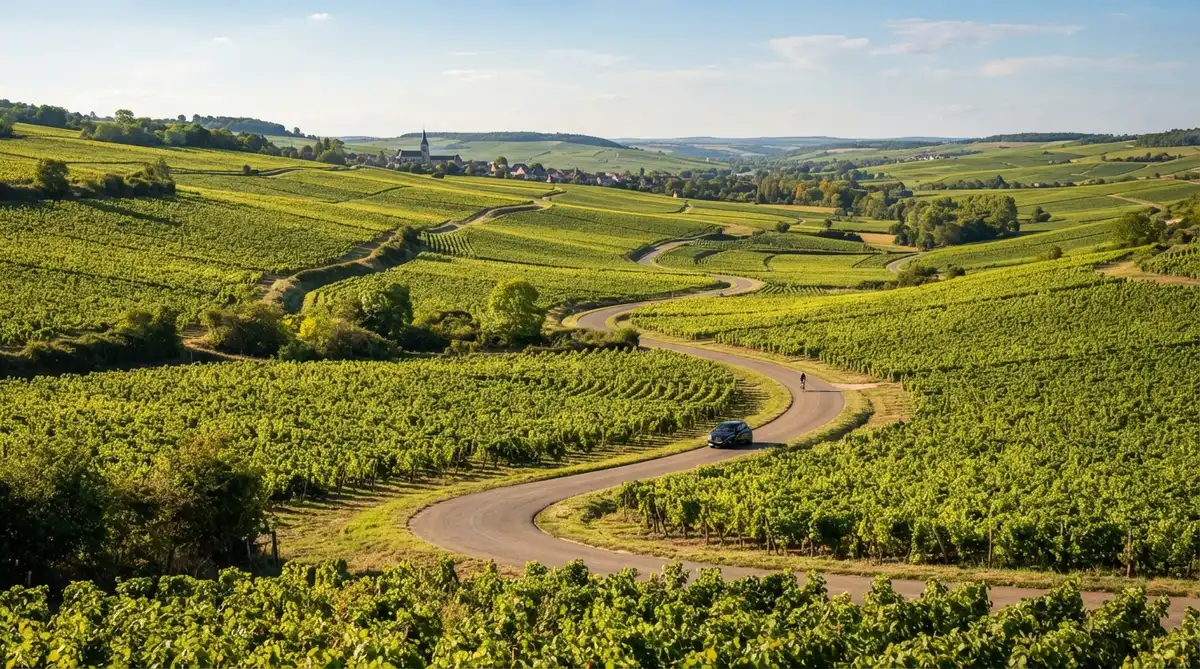 A winding country road meanders through rolling hills covered in lush, sun-drenched Champagne vineyards
