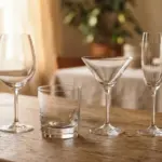 A beautifully composed arrangement of diverse empty drink glassware (wine glass, tumbler, cocktail glass