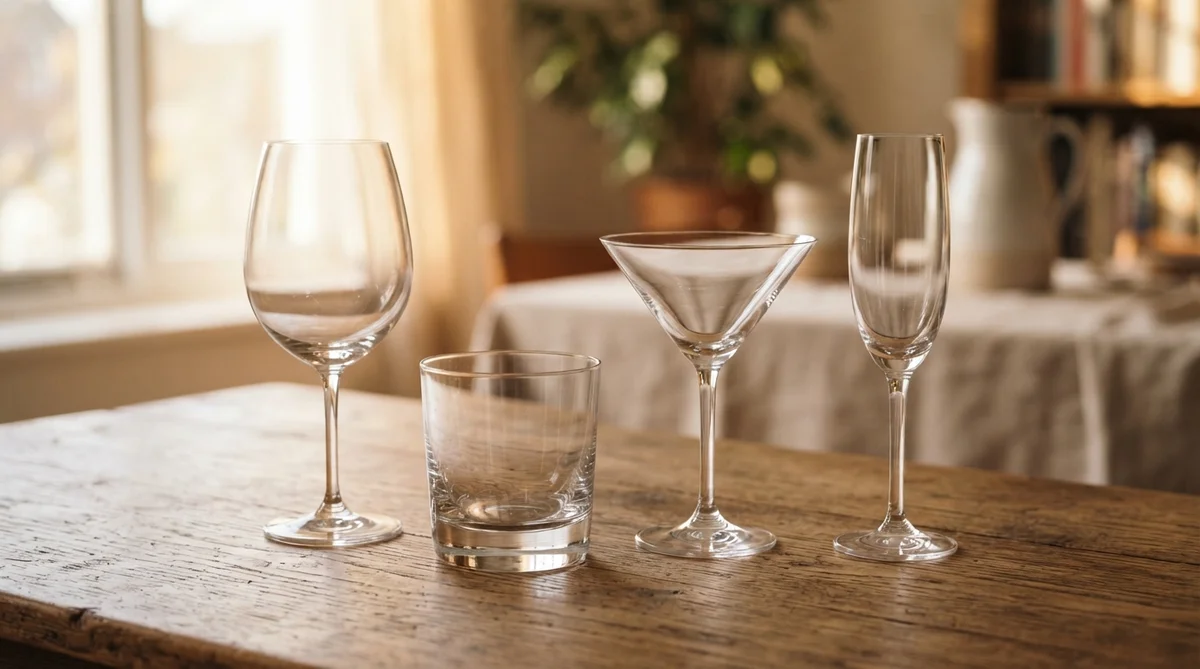 A beautifully composed arrangement of diverse empty drink glassware (wine glass, tumbler, cocktail glass